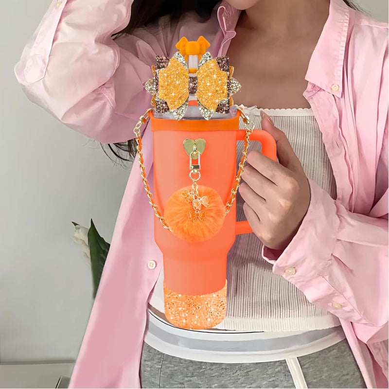 SEMATA Bling Accessories for Stanley Cup 40oz & 30oz Tumbler Including Silicone Cute Bow Straw Topper Cover, Silicone Boot for Stanley Cup,Leather Water Bottle Handle Strap, Charms(Passion Orange) - Image 4
